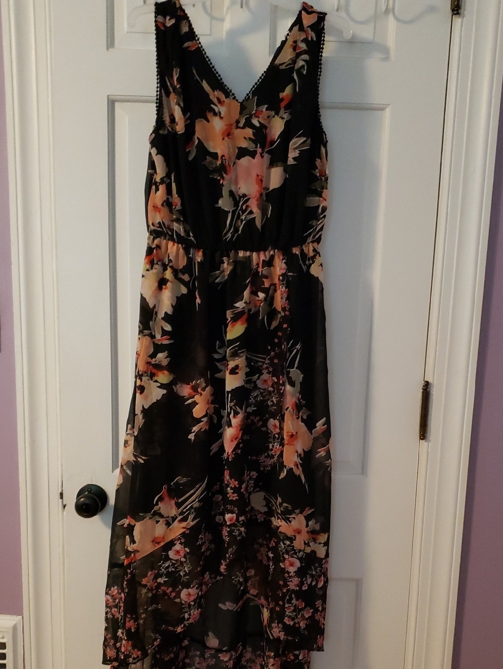 Black Floral V-Neck Maxi Dress - Peach Floral Print